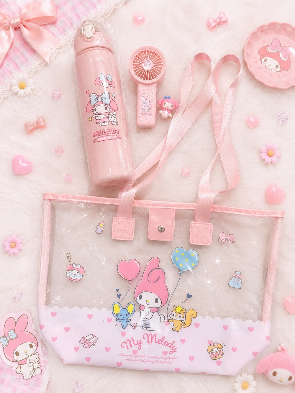 Sanrio My Melody Clear Tote Bag Bundle Water Bottle Mini Fan NWOT